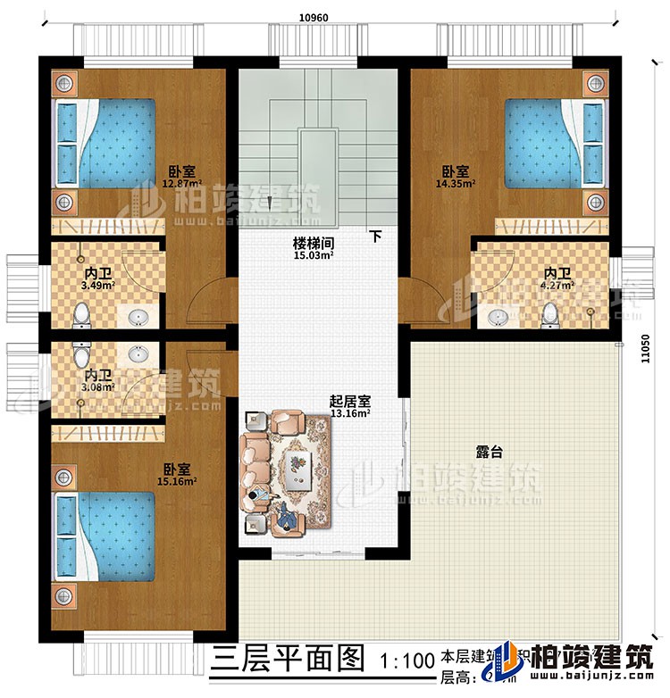 三層：起居室、樓梯間、3臥室、3內(nèi)衛(wèi)、露臺(tái)