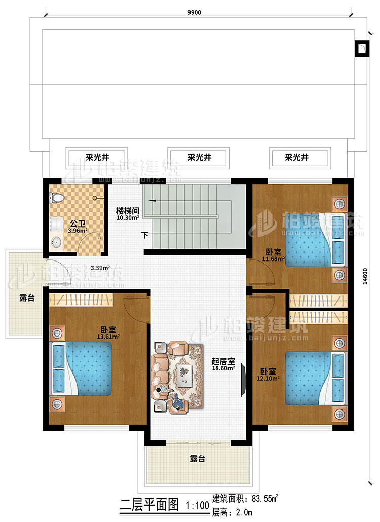 二層：3采光井、樓梯間、起居室、3臥室、2露臺