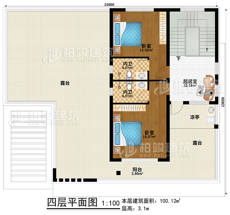 四層：起居室、2臥室、2內(nèi)衛(wèi)、涼亭、陽臺、2露臺