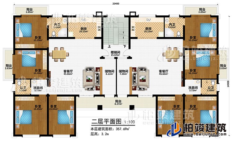 二層：樓梯間、2客餐廳、2儲物間、2廚房、8臥室、5陽臺、2內(nèi)衛(wèi)、2公衛(wèi)、2洗漱間
