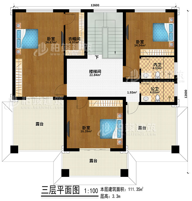 三層：樓梯間、3臥室、公衛(wèi)、內(nèi)衛(wèi)、3露臺(tái)、衣帽間