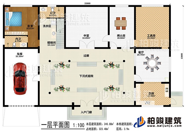 一層：入戶門廊、下沉式庭院、樓梯間、洗衣區(qū)、中堂、烤火房、工具房、餐廳、廚房、車庫、臥室、內(nèi)衛(wèi)、過廊
