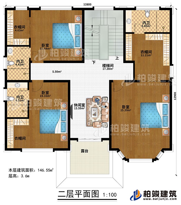 二層：樓梯間、休閑室、3臥室、3衣帽間、3內(nèi)衛(wèi)、露臺(tái)