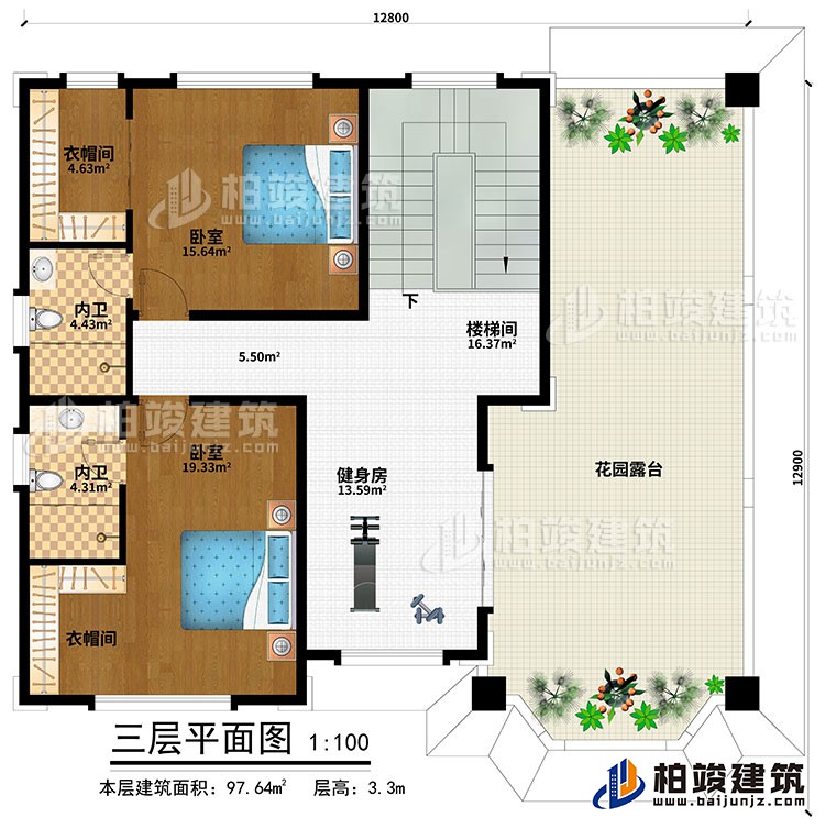 三層：健身房、樓梯間、2臥室、2衣帽間、2內(nèi)衛(wèi)、花園露臺(tái)