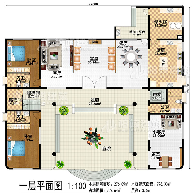 一層：過(guò)廊、庭院、堂屋、神龕、客廳、餐廳、廚房、柴火房、粗加工平臺(tái)、電梯、樓梯間、儲(chǔ)物間、小客廳、茶室、2臥室、2內(nèi)衛(wèi)、公衛(wèi)