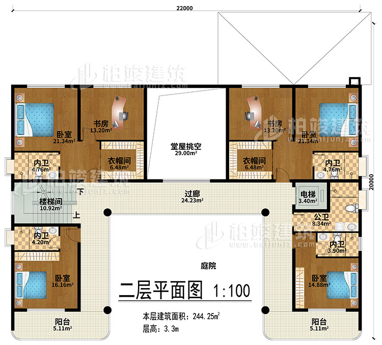 二層：堂屋挑空、過(guò)廊、樓梯間、電梯、4臥室、2衣帽間、2書(shū)房、4內(nèi)衛(wèi)、公衛(wèi)、2陽(yáng)臺(tái)