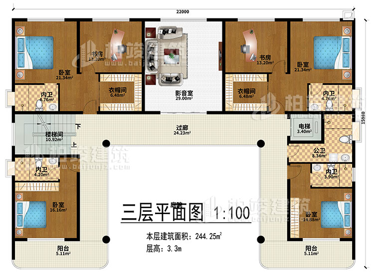 三層：影音室、過(guò)廊、樓梯間、電梯、4臥室、2衣帽間、2書(shū)房、4內(nèi)衛(wèi)、公衛(wèi)、2陽(yáng)臺(tái)