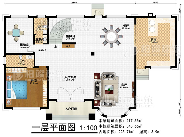 一層：樓梯間、3臥室、衣帽間、公衛(wèi)、內(nèi)衛(wèi)、陽光房、涼亭、2露臺