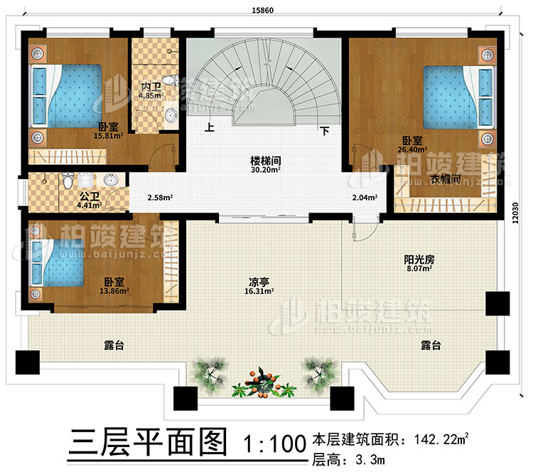 三層：樓梯間、3臥室、衣帽間、公衛(wèi)、內(nèi)衛(wèi)、陽光房、涼亭、2露臺