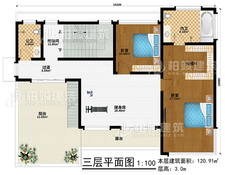 三層：健身房、樓梯間、2臥室、衣帽間、過道、公衛(wèi)、內(nèi)衛(wèi)、陽臺、露臺