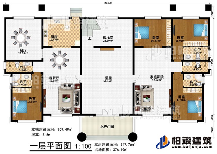 一層：入戶門廊、堂屋、客餐廳、餐廳、廚房、樓梯間、4臥室、2公衛(wèi)、3內(nèi)衛(wèi)、家庭影院