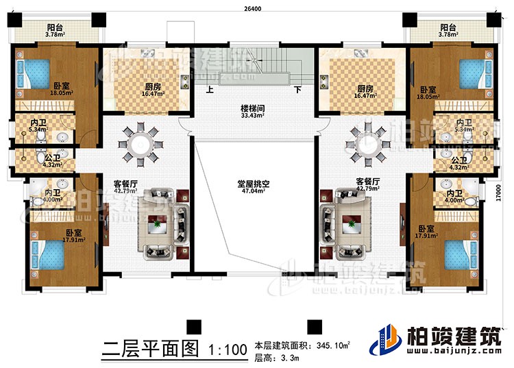 二層：堂屋挑空、樓梯間、2廚房、2客餐廳、4臥室、2公衛(wèi)、4內(nèi)衛(wèi)、2陽臺(tái)
