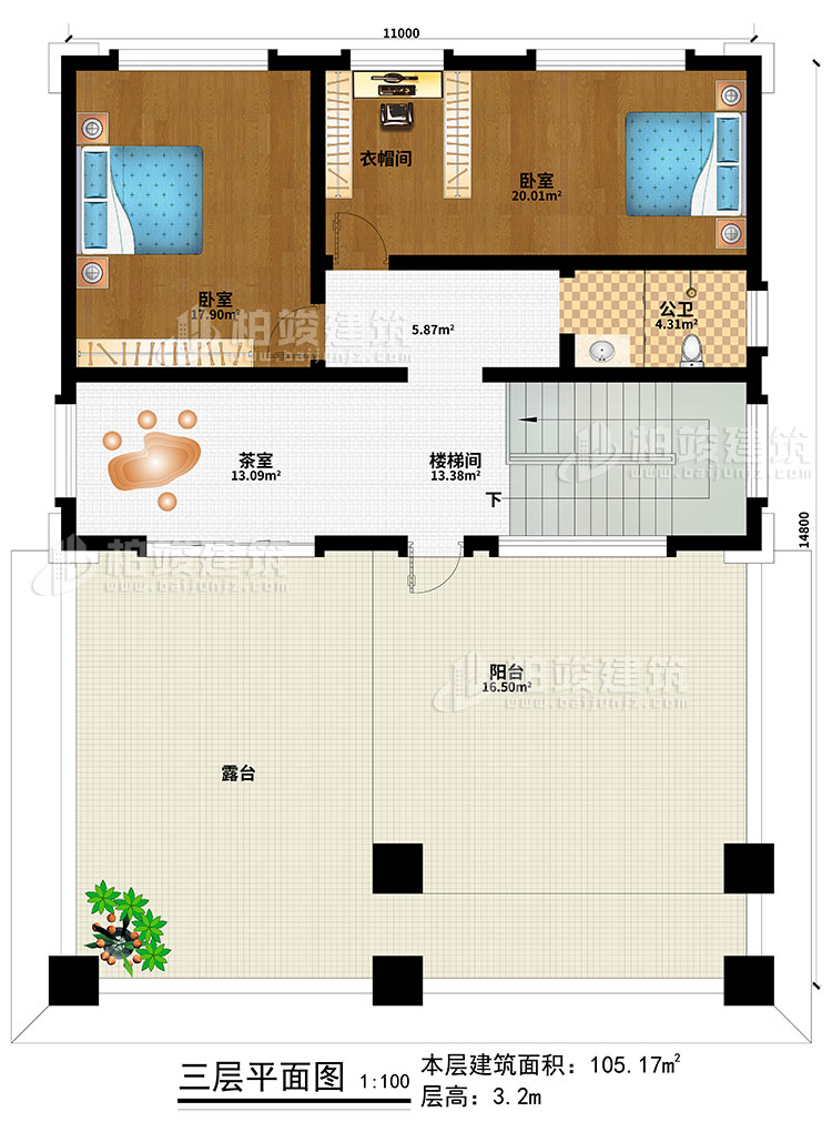 三層：2臥室、衣帽間、樓梯間、茶室、公衛(wèi)、陽臺、露臺