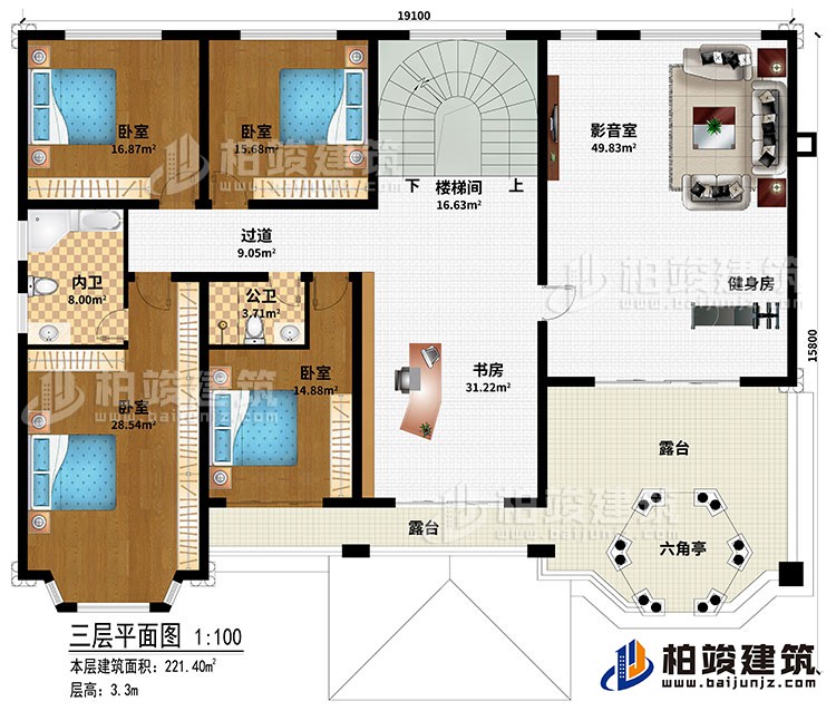 三層：樓梯間、書房、過道、4臥室、公衛(wèi)、內(nèi)衛(wèi)、影音室、健身房、2露臺、六角亭