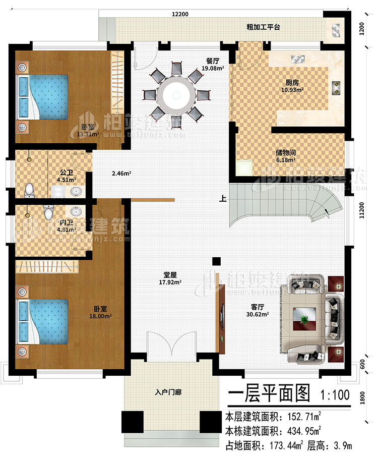 一層：入戶門廊、堂屋、客廳、餐廳、廚房、儲(chǔ)物間、2臥室、公衛(wèi)、內(nèi)衛(wèi)、粗加工平臺(tái)