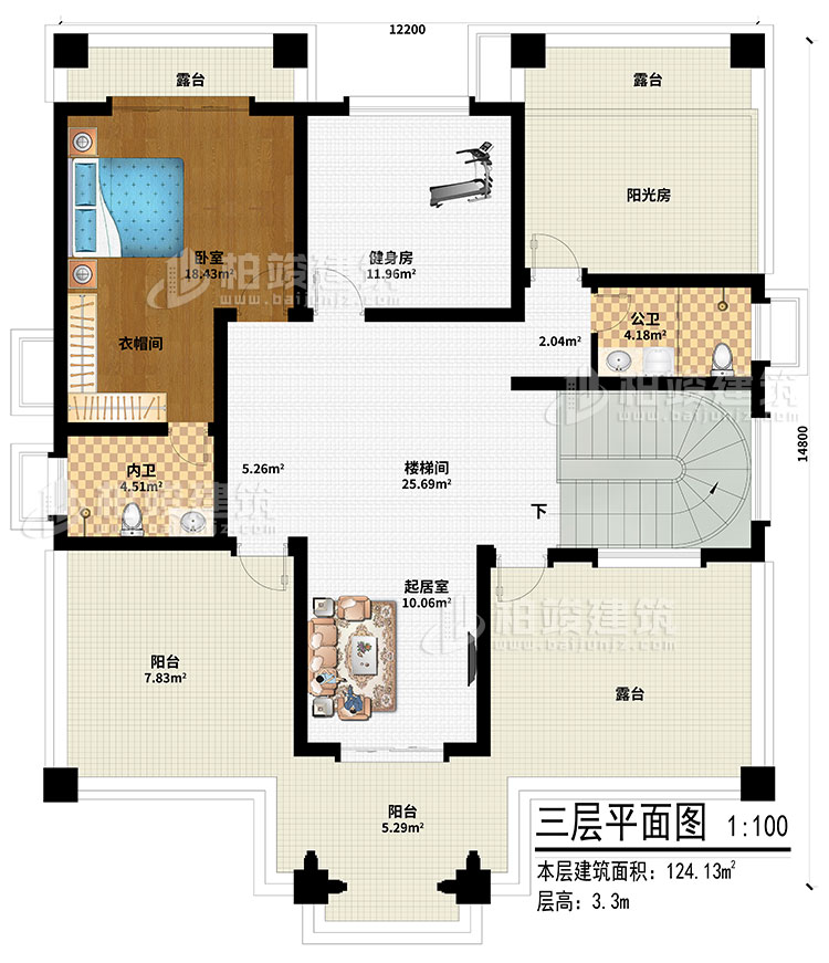 三層：起居室、樓梯間、健身房、陽(yáng)光房、臥室、衣帽間、內(nèi)衛(wèi)、公衛(wèi)、2陽(yáng)臺(tái)、3露臺(tái)