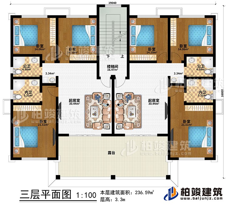 三層：2起居室、樓梯間、6臥室、2公衛(wèi)、2內(nèi)衛(wèi)、露臺