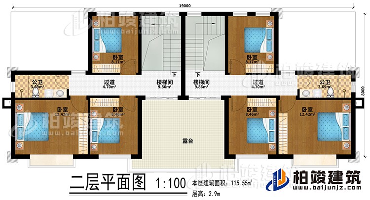二層：2樓梯間、6臥室、2公衛(wèi)、2過道、露臺