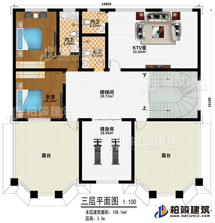 三層：2臥室、KTV室、樓梯間、健身房、公衛(wèi)、2內(nèi)衛(wèi)、2露臺(tái)