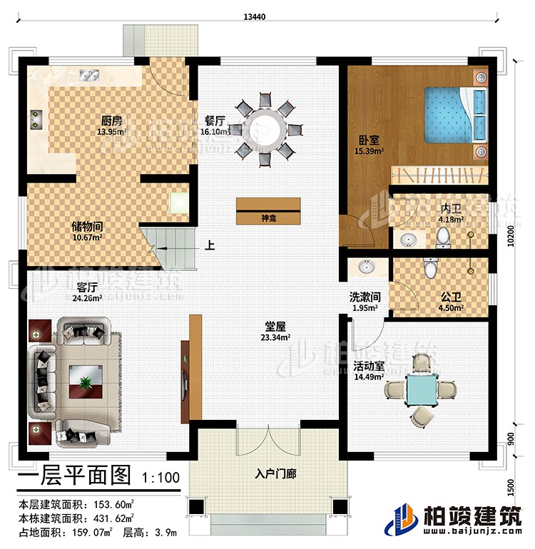 一層：入戶門廊、堂屋、神龕、客廳、儲物間、廚房、餐廳、活動室、臥室、洗漱間、公衛(wèi)、內衛(wèi)