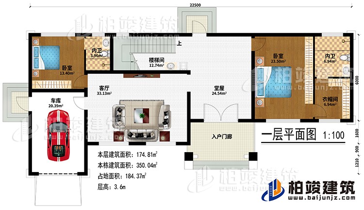 一層:入戶門廊、堂屋、客廳、車庫、樓梯間、2臥室、衣帽間、2內(nèi)衛(wèi)