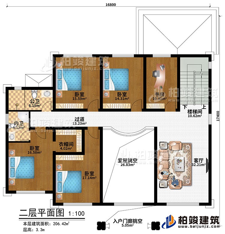 二層：樓梯間、客廳、堂屋挑空、入戶門廊挑空、4臥室、衣帽間、書房、公衛(wèi)、內(nèi)衛(wèi)