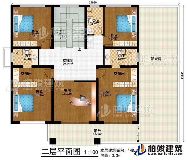 二層：樓梯間、4臥室、書房、2衣帽間、公衛(wèi)、2內(nèi)衛(wèi)、陽臺、陽光房