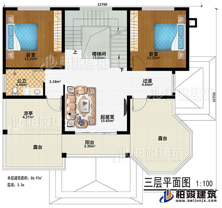 三層：樓梯間、過道、起居室、2臥室、公衛(wèi)、涼亭、陽臺、2露臺