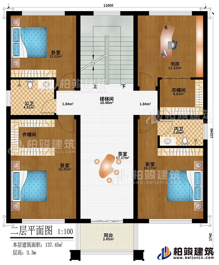 二層：樓梯間、3臥室、2衣帽間、書房、茶室、公衛(wèi)、內(nèi)衛(wèi)、陽臺(tái)