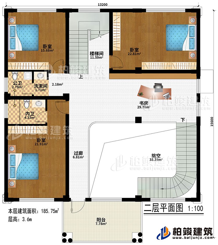 二層：挑空、過道、書房、樓梯間、3臥室、洗漱間、公衛(wèi)、內(nèi)衛(wèi)、陽臺