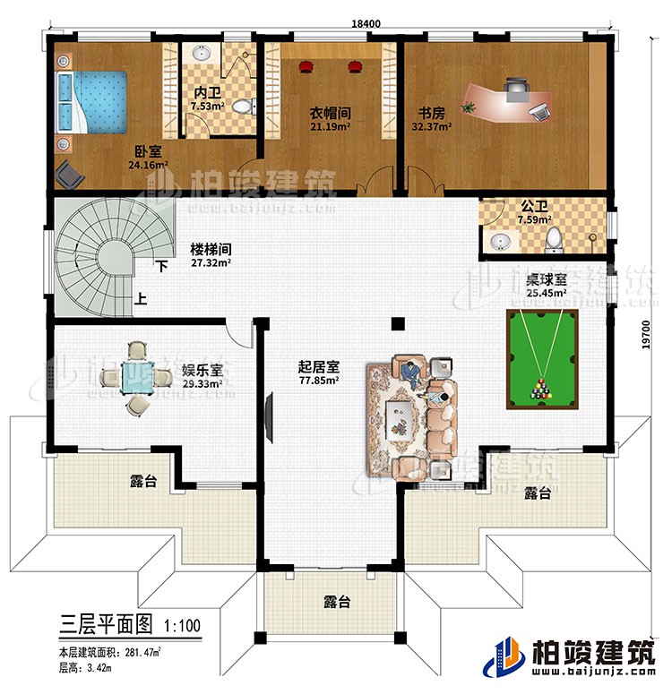 三層：臥室、衣帽間、書房、樓梯間、起居室、桌球室、娛樂室、公衛(wèi)、內(nèi)衛(wèi)、3露臺