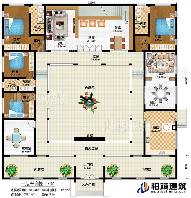 一層：入戶門廊、內(nèi)門庭、3內(nèi)庭院、棋牌室、廚房、餐廳、候廳、客廳、堂屋、茶室、2玄關(guān)、4臥室、2內(nèi)衛(wèi)、公衛(wèi)、影壁